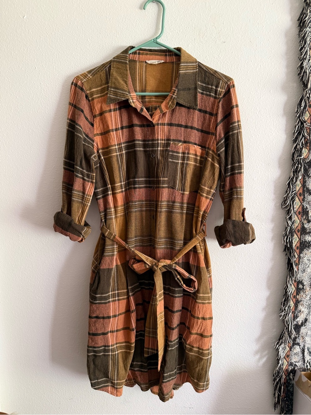 ▪️ Mystree • Plaid Shirt Dress with Tie Belt - Rust & Olive • Womens Large
